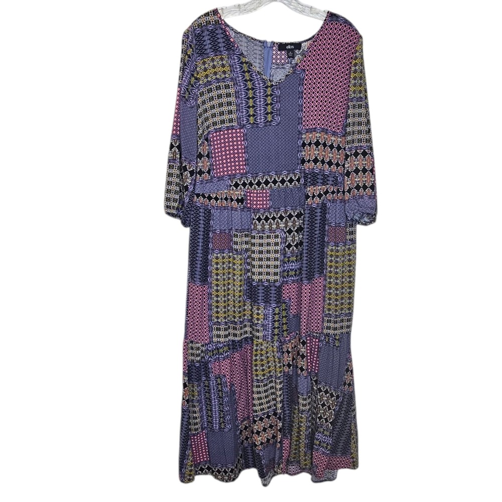 Ellos Women's 18 Patchwork Boho Maxi Dress Long Sleeve Casual Flowy Lightweight